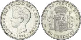 Alfonso XIII
40 Centavos de Peso. 1896. PUERTO RICO. P.G.-V. (Limpiada. Ha estado en aro. Rayitas). (MBC+).