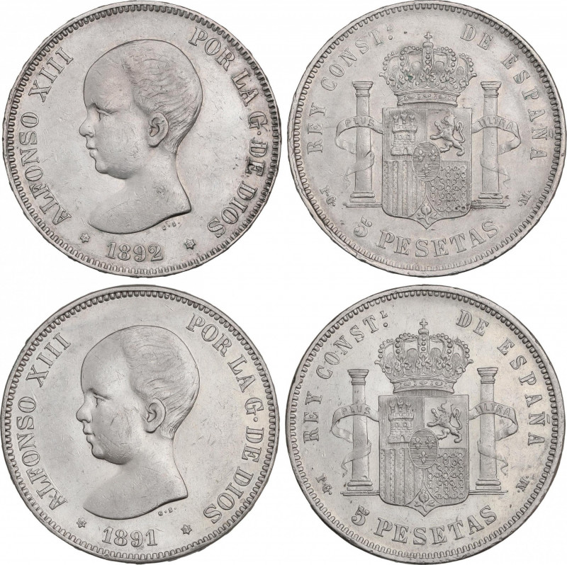 Alfonso XIII
Lote 2 monedas 5 Pesetas. 1891 (*18-91) y 1892 (*18-92). P.G.-M. L...