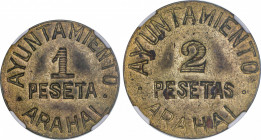 Local Issues of the Civil War
Lote 2 monedas 1 y 2 Pesetas. Ay. de ARAHAL. Latón. (La de 2 Pesetas ligeras oxidaciones). Encapsuladas por NGC: 1 Pese...