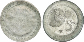 Juan Carlos I
Juan Carlos I
5 Pesetas. 1980 (*80). 5,73 grs. ERROR: Acuñada sobre un cospel diferente. JBM-42.3.1. SC.