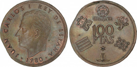 Juan Carlos I
Juan Carlos I
100 Pesetas. 1980 (*80). 16,18 grs. AE. ERROR: Acuñada sobre un cospel de cobre. Canto irregular. JBM-121.3.2c. SC.