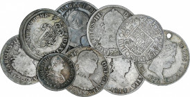 Lots and Collections
Lote 9 monedas. FELIPE V a ISABEL II. Incluye 2 Reales de Felipe V 1708 Segovia, 2 Reales de Carlos III cecas de Madrid y México...