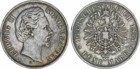 World Coins
German States
5 Marcos. 1875-D. LUIS II. BAVIERA. 27,60 grs. AR. (Pequeños golpecitos). Ligera pátina. KM-896. MBC+.
