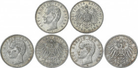 World Coins
German States
Lote 3 monedas 5 Marcos. 1900-D, 1904-D y 1907-D. OTTO. BAVIERA. AR. A EXAMINAR. KM-915. MBC a MBC+.