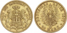 World Coins
German States
20 Marcos. 1877-J. HAMBURGO. 7,95 grs. AU. (Leves golpecitos). Fr-3776; KM-289. MBC+.