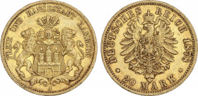 World Coins
German States
20 Marcos. 1878-J. HAMBURGO. 7,96 grs. AU. (Leves golpecitos). Fr-3776; KM-289. MBC+.