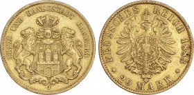 World Coins
German States
20 Marcos. 1883-J. HAMBURGO. 7,93 grs. AU. (Leves golpecitos). Fr-3776; KM-289. MBC+.