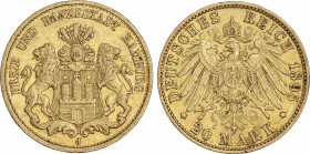 World Coins
German States
20 Marcos. 1895-J. HAMBURGO. 7,93 grs. AU. (Leves golpecitos). Fr-3776; KM-289. MBC+.