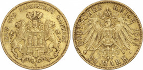 World Coins
German States
20 Marcos. 1895-J. HAMBURGO. 7,92 grs. AU. (Leves golpecitos). Fr-3776; KM-289. MBC+.