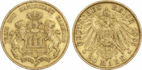 World Coins
German States
20 Marcos. 1895-J. HAMBURGO. 7,91 grs. AU. Fr-3776; KM-289. MBC+.