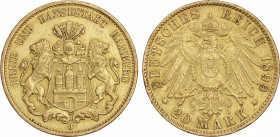 World Coins
German States
20 Marcos. 1899-J. HAMBURGO. 7,94 grs. AU. (Leves golpecitos). Fr-3776; KM-289. MBC+.