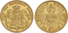 World Coins
German States
20 Marcos. 1900-J. HAMBURGO. 7,94 grs. AU. Fr-3776; KM-289. EBC-.