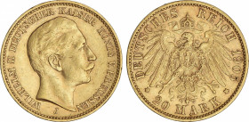 World Coins
German States
20 Marcos. 1905-J. GUILLERMO II. HAMBURGO. 7,94 grs. AU. Fr-3831; KM-521. MBC+.