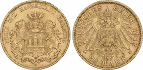 World Coins
German States
20 Marcos. 1913-J. HAMBURGO. 7,96 grs. AU. (Leves golpecitos). Brillo original. Fr-3776; KM-289. EBC.