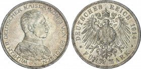World Coins
German States
5 Marcos. 1914-A. GUILLERMO II. PRUSIA. 27,77 grs. AR. (Leves rayitas). Brillo original. KM-536. EBC.