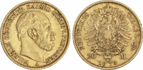 World Coins
German States
20 Marcos. 1873-A. GUILLERMO I. PRUSIA. BERLÍN. 7,94 grs. AU. (Levísimas manchitas). Fr-3813; KM-501. MBC+.