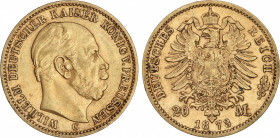 World Coins
German States
20 Marcos. 1873-C. GUILLERMO I. PRUSIA. CLEVE. 7,94 grs. AU. (Levísimas manchitas y golpecitos). Fr-3821; KM-502. MBC+.