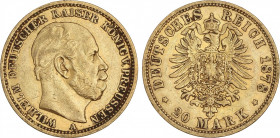 World Coins
German States
20 Marcos. 1878-A. GUILLERMO I. PRUSIA. BERLÍN. 7,92 grs. AU. (Leves manchitas). Fr-3818; KM-505. MBC+.