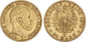 World Coins
German States
20 Marcos. 1879-A. GUILLERMO I. PRUSIA. BERLÍN. 7,91 grs. AU. (Leves golpecitos). Fr-3818; KM-505. MBC+.