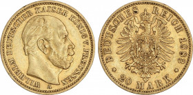 World Coins
German States
20 Marcos. 1883-A. GUILLERMO I. PRUSIA. BERLÍN. 7,92 grs. AU. (Leves golpecitos). Fr-3818; KM-505. MBC+.