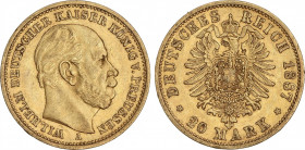 World Coins
German States
20 Marcos. 1887-A. GUILLERMO I. PRUSIA. BERLÍN. 7,93 grs. AU. (Leves golpecitos). Fr-3818; KM-505. MBC+.
