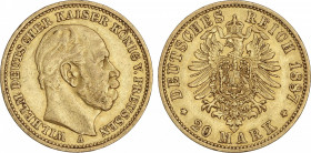World Coins
German States
20 Marcos. 1887-A. GUILLERMO I. PRUSIA. BERLÍN. 7,91 grs. AU. (Leves golpecitos). Fr-3818; KM-505. MBC+.