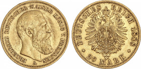 World Coins
German States
20 Marcos. 1888-A. FEDERICO III. PRUSIA. BERLÍN. 7,94 grs. AU. (Pequeños golpecitos y rayitas). Fr-3828; KM-515. EBC-.