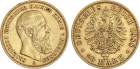 World Coins
German States
20 Marcos. 1888-A. FEDERICO III. PRUSIA. BERLÍN. 7,94 grs. AU. (Pequeños golpecitos y ligeramente limpiada). Fr-3828; KM-5...