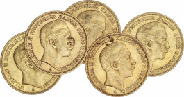 World Coins
German States
Lote 5 monedas 20 Marcos. 1889 a 1897. GUILLERMO II. PRUSIA. BERLÍN. AU. A EXAMINAR. Fr-3831; KM-521. MBC+ a EBC-.