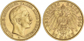 World Coins
German States
20 Marcos. 1910-A. GUILLERMO II. PRUSIA. BERLÍN. 7,94 grs. AU. (Pequeños golpecitos). Fr-3831; KM-521. EBC-.