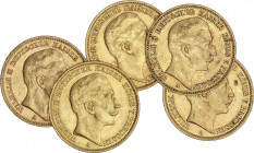 World Coins
German States
Lote 5 monedas 20 Marcos. 1889 a 1912. GUILLERMO II. PRUSIA. BERLÍN. AU. A EXAMINAR. Fr-3831; KM-521. MBC+ a EBC+.