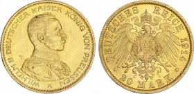World Coins
German States
20 Marcos. 1914-A. GUILLERMO II. PRUSIA. BERLÍN. 7,96 grs. AU. (Ínfimos golpecitos). Brillo original. Fr-3833; KM-537. EBC...