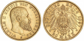 World Coins
German States
20 Marcos. 1897-F. GUILLERMO II. WURTTEMBERG. 7,93 grs. AU. Fr-3876; KM-634. EBC-.