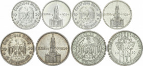 World Coins
Germany
Lote 4 monedas 2 (2), 3 y 5 Marcos. 1929 a 1934. REPÚBLICA DE WEIMAR y III REICH. AR. A EXAMINAR. MBC+ a EBC-.