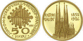 World Coins
Andorra
50 Diners. 1990. 17,01 grs. AU. Sagrada Familia. Tirada máxima: 5.000 piezas. En estuche original con certificado. KM-62. PROOF....