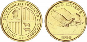 World Coins
Andorra
100 Diners. 1988. 5 grs. AU. Águila y montañas. Tirada: 2.000 piezas. En presentación original con certificado. Fr-5; KM-42. SC....