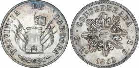 World Coins
Argentina
8 Reales. 1852. PROVINCIA DE CÓRDOBA. 27,24 grs. AR. Acuñación parcialmente floja, habitual en este tipo de piezas. Ligera pát...