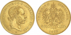 World Coins
Austria
4 Florines-10 Francos. 1892. FRANCISCO JOSÉ I. 3,21 grs. AU. Reacuñación oficial (Restrike). Fr-503R; km-2260. SC.