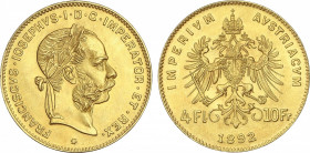 World Coins
Austria
4 Florines-10 Francos. 1892. FRANCISCO JOSÉ I. 3,22 grs. AU. Reacuñación oficial (Restrike). Fr-503R; KM-2260. SC.