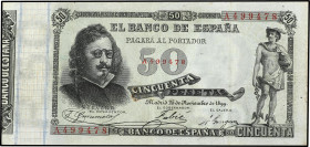 Spanish Banknotes
Spanish Banknotes
50 Pesetas. 25 Noviembre 1899. Quevedo. Serie A. (Levísimas roturitas en margen). ESCASO. Ed-307. MBC+.