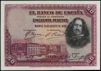Spanish Banknotes
Spanish Banknotes
50 Pesetas. 15 Agosto 1928. Velázquez. Sin Serie. (Levísimas arruguitas). Ed-329. SC.