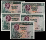 Spanish Banknotes
Spanish Banknotes
Lote 5 billetes 500 Pesetas. 15 Agosto 1928. Cardenal Cisneros. Numeraciones no correlativas. (Leves ondulacione...