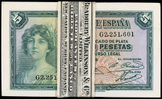 Spanish Banknotes
Spanish Banknotes
Lote 100 billetes 5 Pesetas. Emisión 1935. Serie G. Todos correlativos. En fajo original Bradbury Wilkinson & Co...