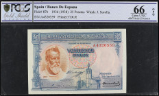 Spanish Banknotes
Spanish Banknotes
25 Pesetas. 31 Agosto 1936. Sorolla. Serie A. Precintado y garantizado por PCGS (nº 686754.66/37561010) como GEM...