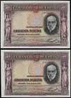 Spanish Banknotes
Spanish Banknotes
Lote 2 billetes 50 Pesetas. 22 Julio 1935. Ramón y Cajal. Sin Serie, pareja correlativa. (Uno con leves arruguit...