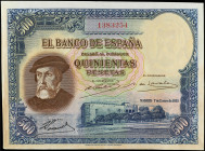 Spanish Banknotes
Spanish Banknotes
500 Pesetas. 7 Enero 1935. Hernán Cortés. Sin pliegue. (Manchas de humedad y rotura en el margen derecho). Ed-36...