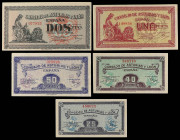 Spanish Banknotes
Civil War
Serie 5 billetes 25, 40, 50 Céntimos, 1 y 2 Pesetas. 1937. CONSEJO DE ASTURIAS Y LEÓN. Ed-394/398. SC.