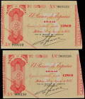Spanish Banknotes
Civil War
Lote 2 billetes 5 Pesetas. 30 Agosto 1936. EL BANCO DE ESPAÑA. BILBAO. Pareja correlativa. Antefirmas: Banco de Vizcaya....