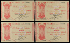Spanish Banknotes
Civil War
Lote 4 billetes 5 Pesetas. 30 Agosto 1936. EL BANCO DE ESPAÑA. BILBAO. Todos correlativos. Antefirmas: Banco de Vizcaya....