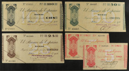 Spanish Banknotes
Civil War
 Serie 5 billetes 5 (2), 25, 50 y 100 Pesetas. 30 Agosto 1936. EL BANCO DE ESPAÑA. BILBAO. Diferentes antefirmas. A EXAM...